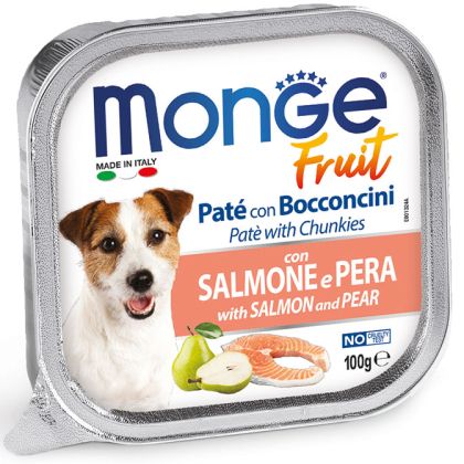 Пастет MONGE FRUIT Salmon & Pear - пастет и хапки със сьомга и круши, 100 гр.