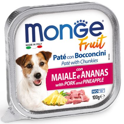 Пастет MONGE FRUIT Pork & Pineapple - пастет и хапки със свинско и ананас, 100 гр.