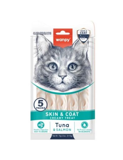 Wanpy Cat Skin & Coat Tuna with Salmon - кремообразно лакомство за котки с риба тон и сьомга, 5х14 гр.