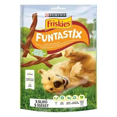 PURINA FRISKIES Dog Funtastix - лакомство за кучета в зряла възраст, бекон и сирене , 180 гр.