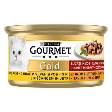  Консерва PURINA GOURMET Gold - храна за котки с пилешко и черен дроб 85гр.