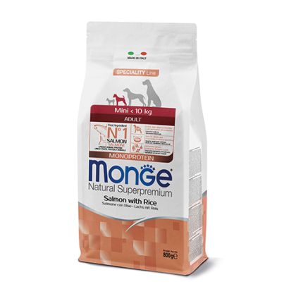 Monge Dog Natural Mini Adult храна за кучета в зряла възраст от дребни породи до 10кг сьомга и ориз 