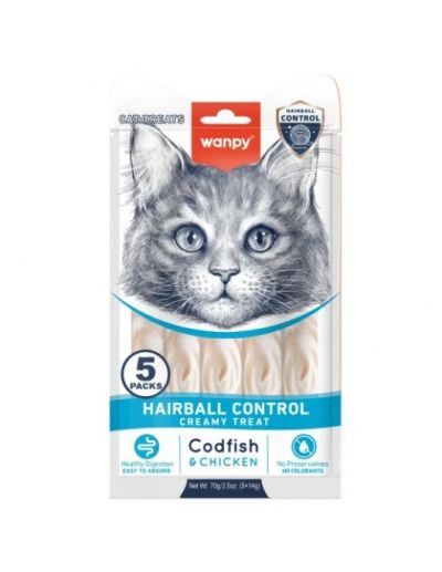 WANPY Hairball Control Cod, Fish & Chicken - кремообразно лакомство за котки, с риба треска и пиле 5х14 гр.