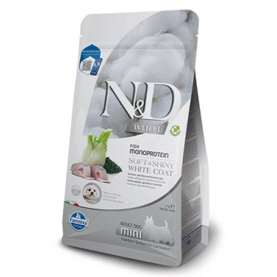 N&D White Dog Sea Bass, Spirulina & Fennel Adult MINI - храна за кучета с бяла козина от мини породи над 1 година, с лаврак, спирулина и фенел