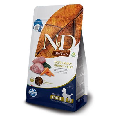 N&D Brown Dog Lamb, Spirulina & Carrot Adult MINI - храна за кучета с кафява козина от мини породи над 1 година, с агнешко, спирулина и морков