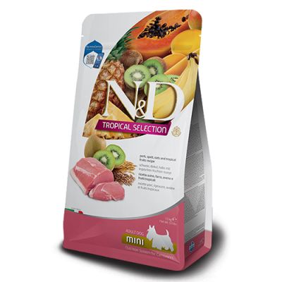 N&D Tropical Selection Adult MINI Pork - храна за кучета от дребни породи в зряла възраст над 1 година със свинско, спелта, овесени ядки и тропически плодове