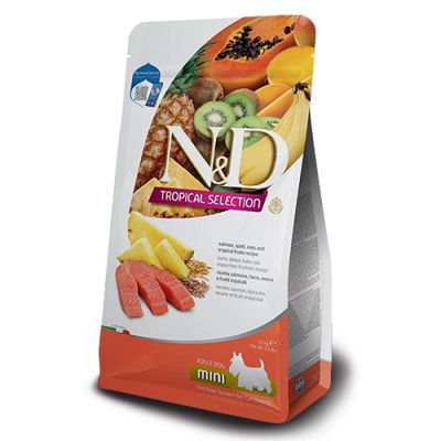 N&D Tropical Selection Adult Mini Salmon - храна за кучета над 1 година от дребни породи, със сьомга, спелта и тропически плодове