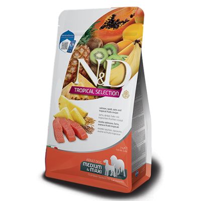 N&D Tropical Selection Adult Medium & Maxi Salmon - храна за кучета от средни и едри породи в зряла възраст над 1 годинасъс сьомга, спелта, овесени ядки и тропически плодове 