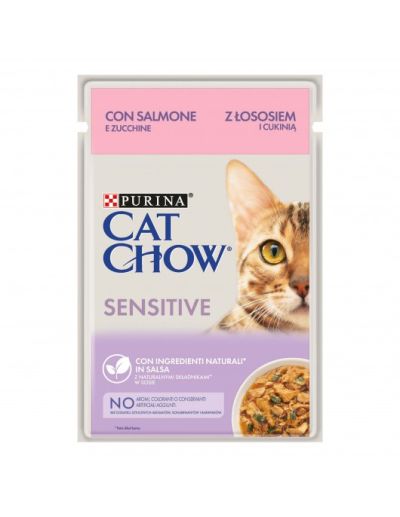 Пауч Purina Cat Chow Sensitive Salmon & Courgettes - за чувствителни котки,  със сьомга и тиквички 85 гр.